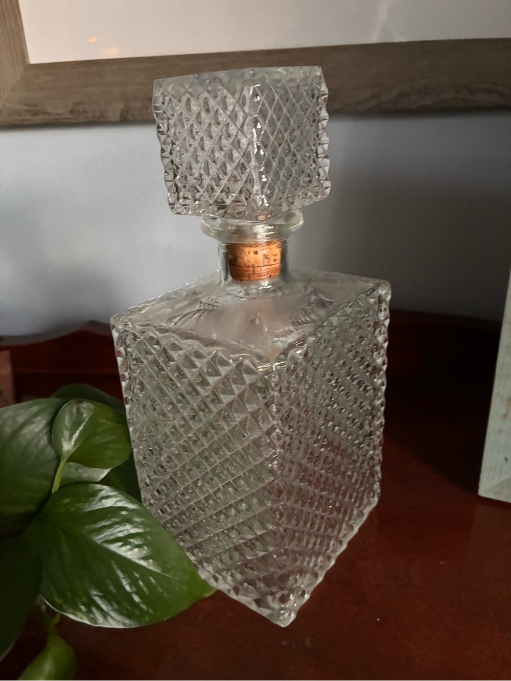 Vtg Glass Diamond-Cut Liquor Decanter with Stopper
